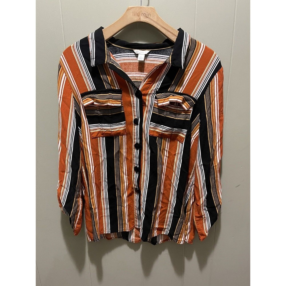 Est 1946 Women’s Striped Multi Colored Button Down Casual Dress Work Shirt SZ L